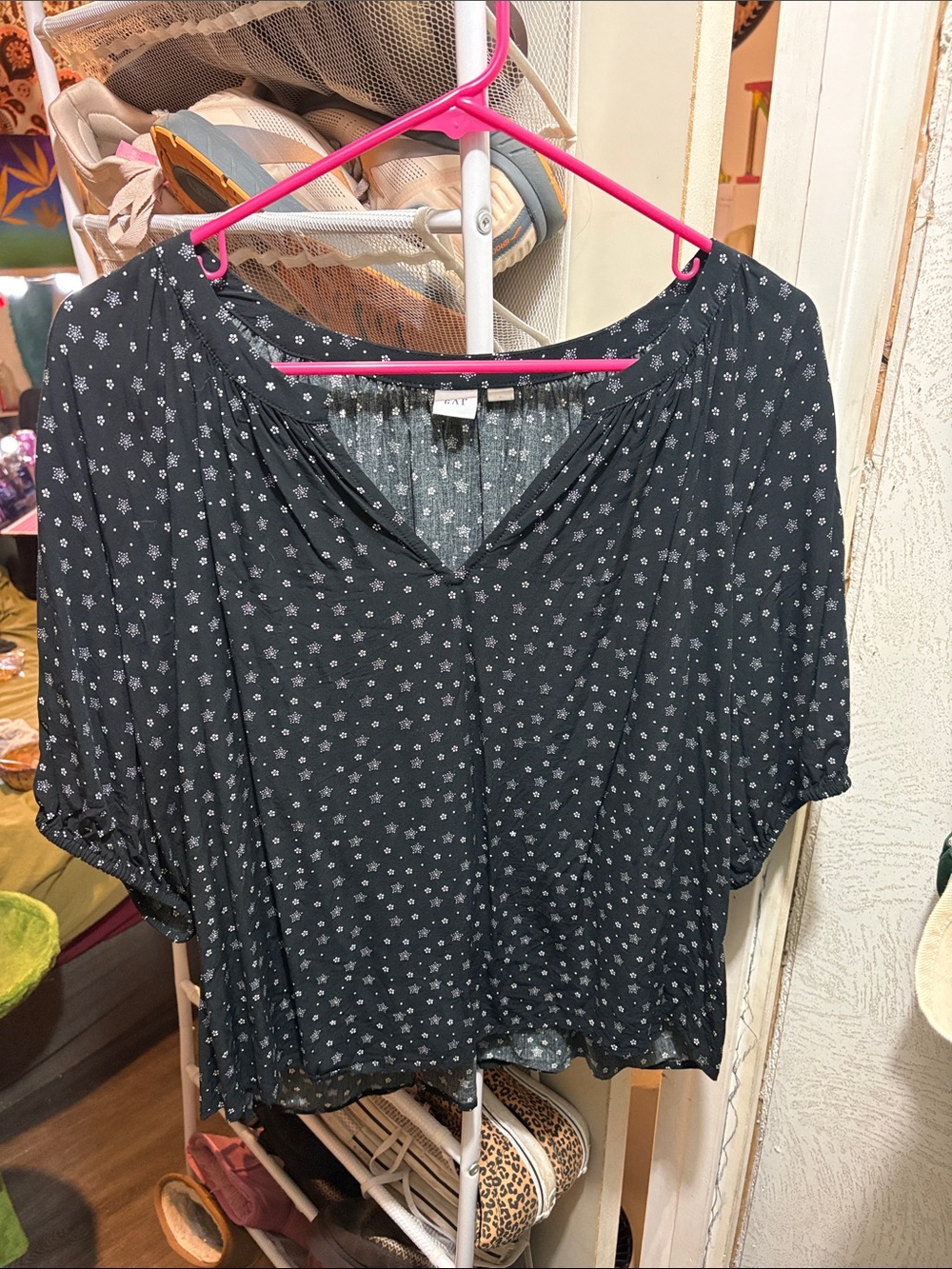 GAP Woven Black Floral Peasant Top